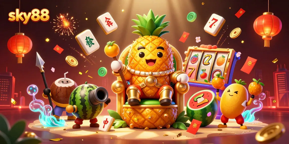 Experience excitement at sky88 casino with colorful slot reels and whimsical characters in a vibrant scene.