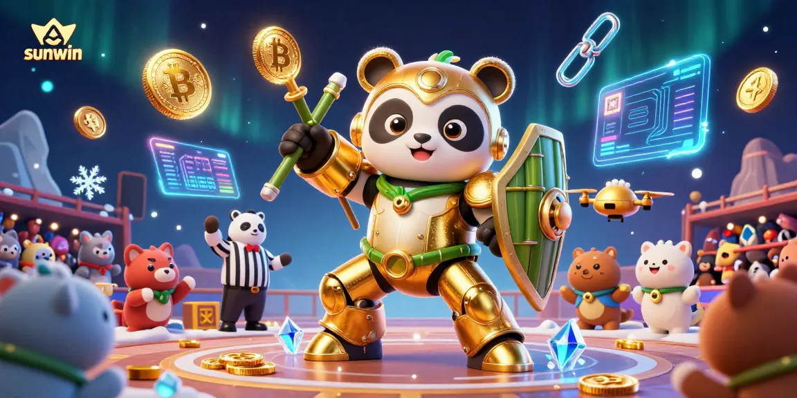 Engage in exciting gameplay at sunwin with a golden panda mech-suit battling in a vibrant casino scene.