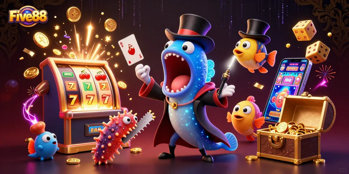 Experience the magic of Five88 with a dazzling 3D casino scene filled with vibrant characters and thrilling action.