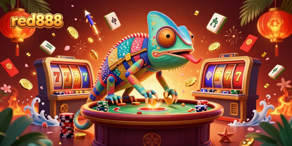 Experience excitement at red888 with a colorful chameleon casino owner amidst vibrant slot elements.