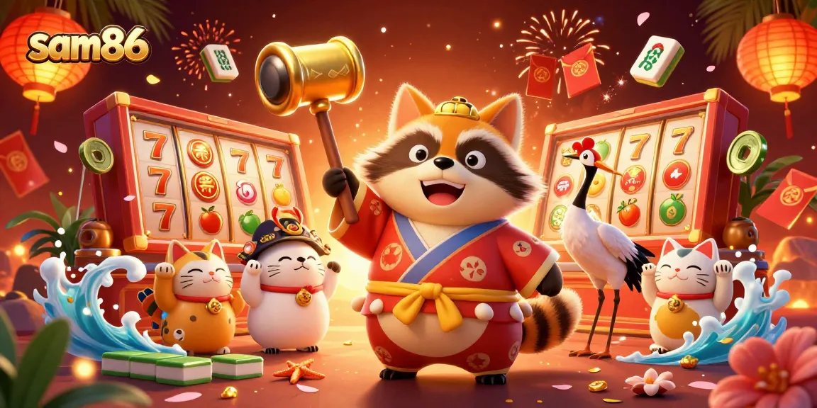 Experience sam86's vibrant casino world with a cheerful tanuki and festive elements!
