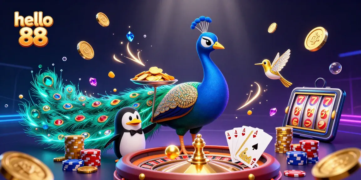 Engage with hello 88 at the vibrant your chance to win scene featuring peacock, penguin, and hummingbird.