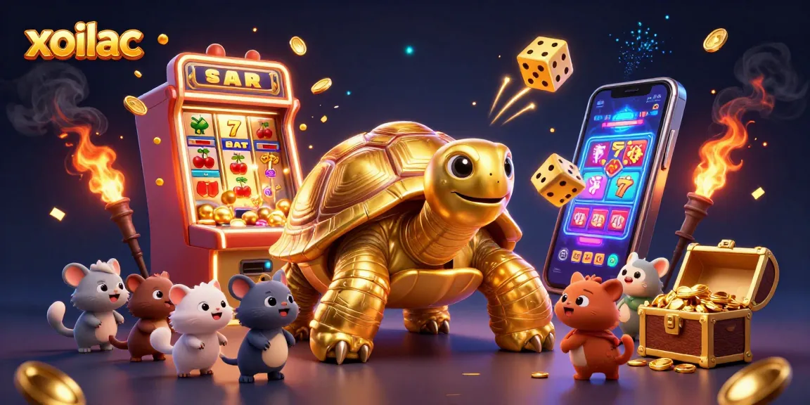 Xoilac players enjoy betting action with a golden tortoise pinball machine and slot symbols flying in the atmosphere.