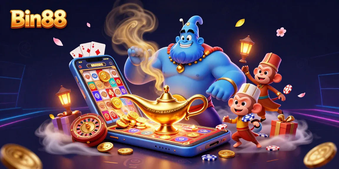 Experience Bin88's vibrant online casino with a dynamic genie, monkey, poker chips, and slot games.