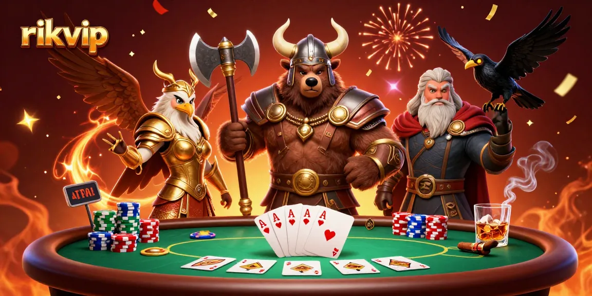Experience the thrill of casino gaming with rikvip's vibrant 3D illustration featuring an epic Viking bear and a Valkyrie eagle.