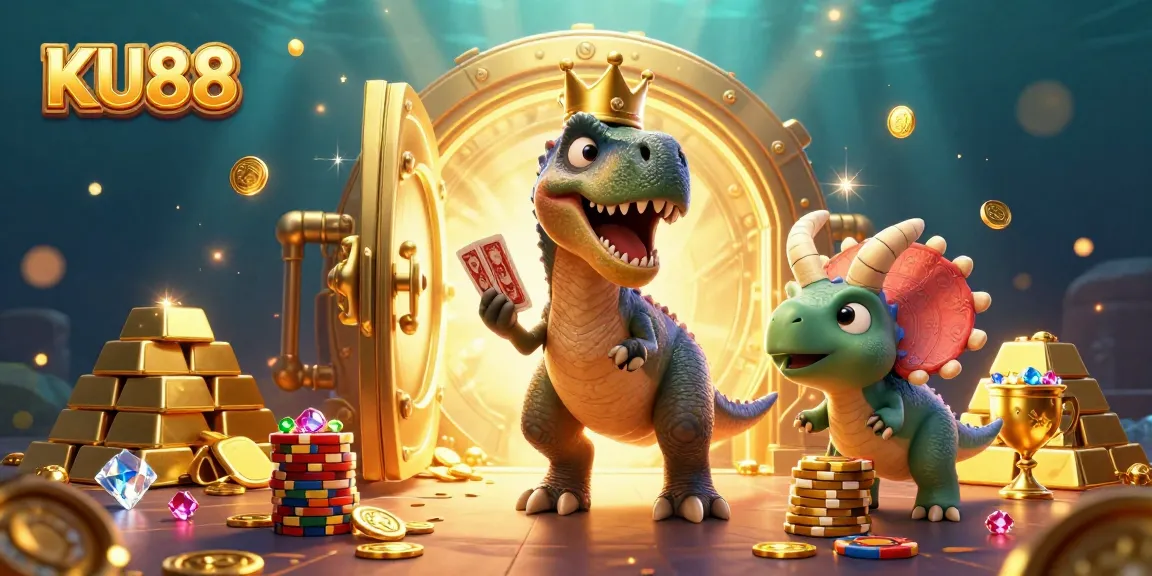 Engage with KU88's vibrant 3D casino scene featuring game elements and characters in a dynamic layout.