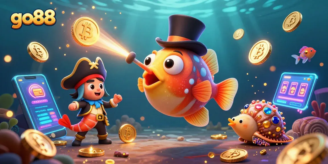 Spin and win at go88 with the thrilling underwater scene of an anglerfish reeling in golden coins amidst vibrant casino elements.
