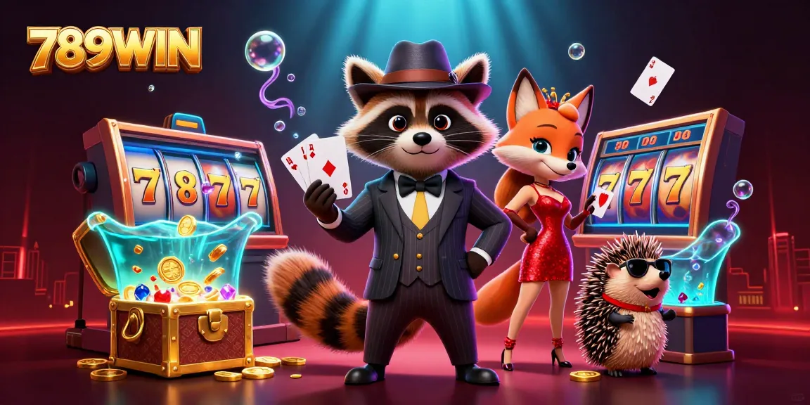 Engage in slots and jackpots with 789WIN, illustrated by a raccoon holding a royal flush in a vibrant casino scene.