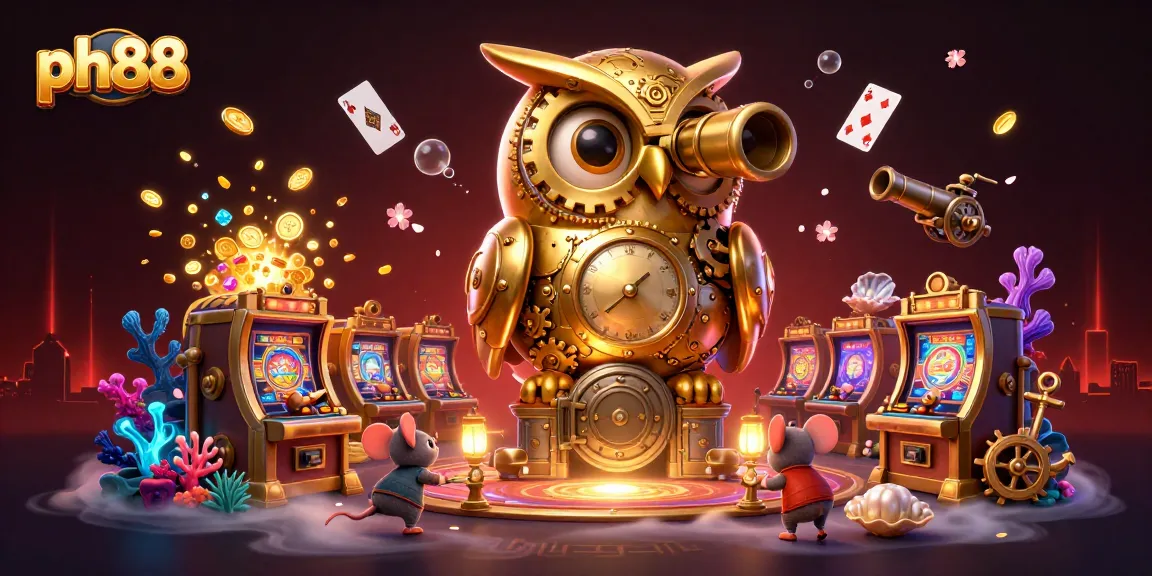 Engage with ph88's vibrant slot gaming experience alongside a clockwork owl and whimsical patrons.