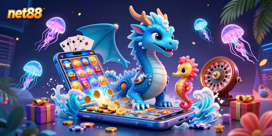 Experience thrilling gameplay with net88 featuring a dragon, seahorse knight, and neon jellyfish.