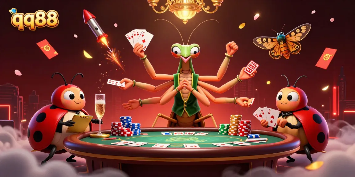 Experience the thrill of qq88 with a dynamic illustration capturing a casino scene featuring characters engaging in card games and celebrating.
