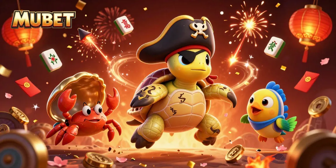 MUBET adventure awaits with a 3D cartoon pirate turtle and treasures floating in a vibrant casino scene.