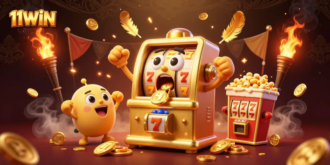 A thrilling scene of a 3D cartoon golden slot machine celebrating a jackpot at 11WIN, surrounded by cheering baby slots and golden tokens.
