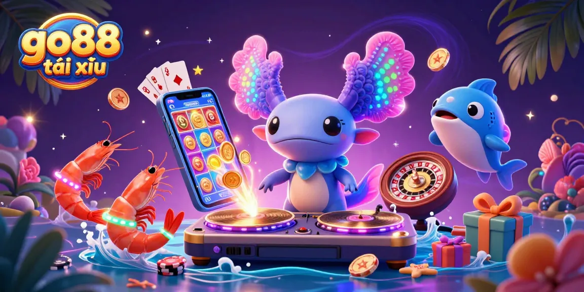 Engage with go88 tài xỉu featuring a vibrant axolotl DJ, shrimp dancers, and rich casino game elements.
