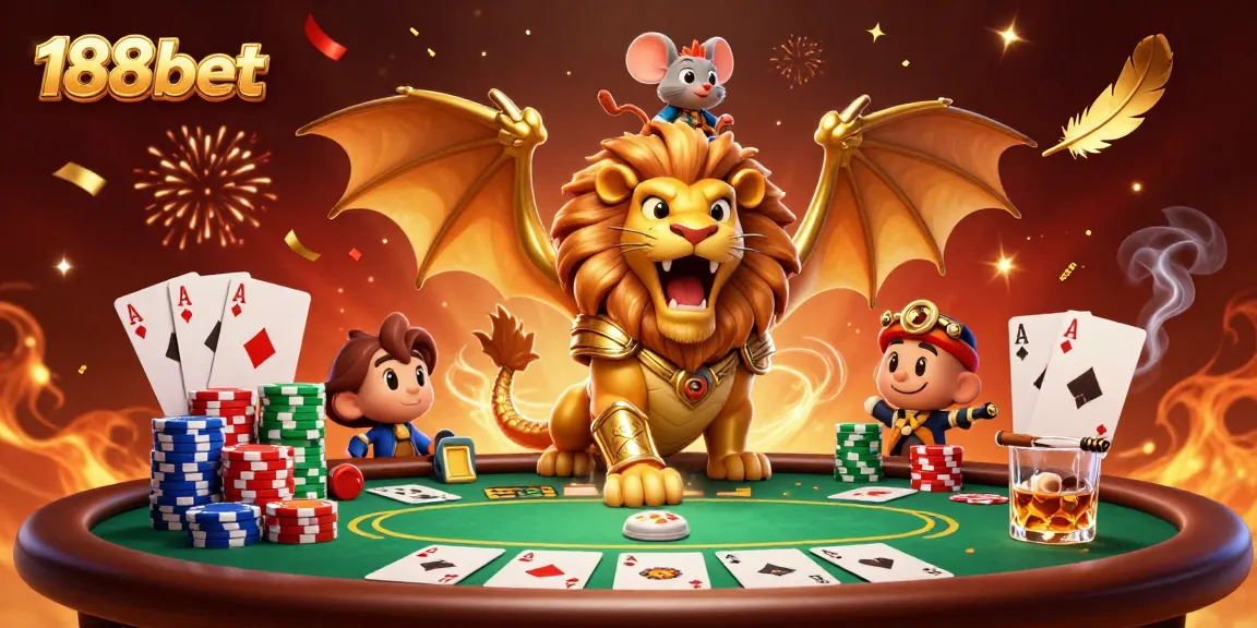 Experience the excitement of 188bet with a dynamic poker scene, featuring a chimera and chips.