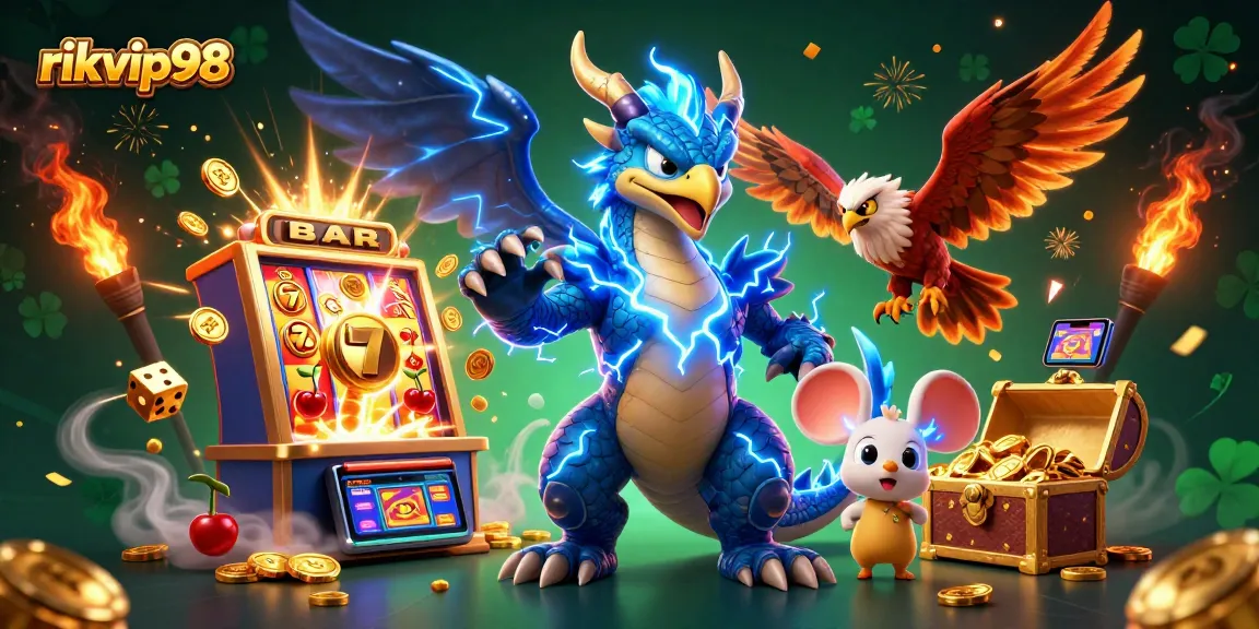 Experience thrilling gameplay with rikvip98’s electric visuals featuring dynamic slot symbols and characters.