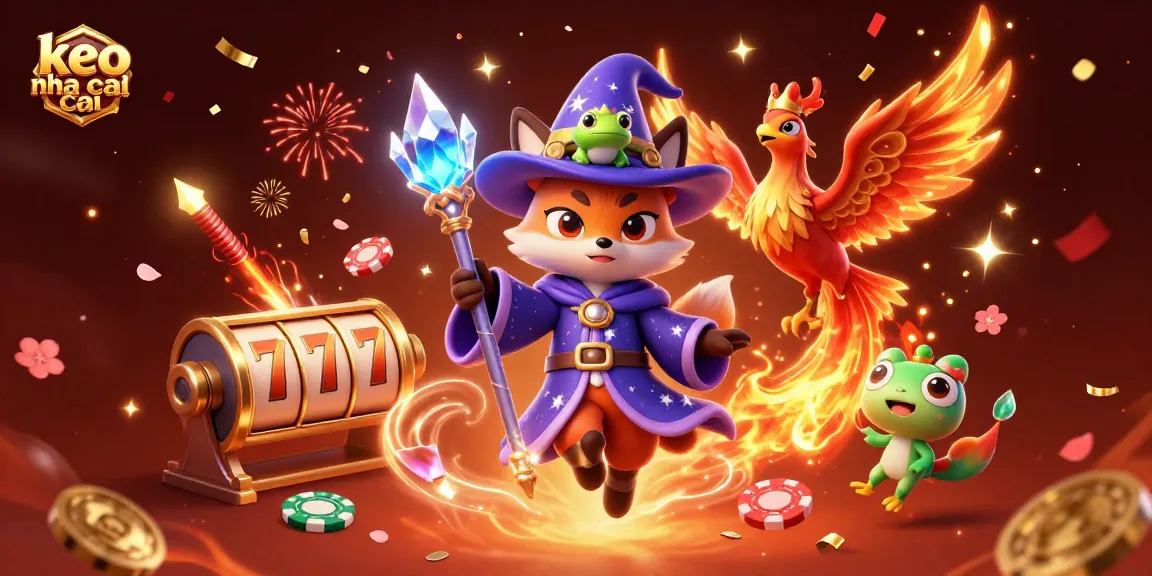 Engage in thrilling keo nha cai action with vibrant wizard fox and phoenix scene, showcasing dynamic gambling elements.