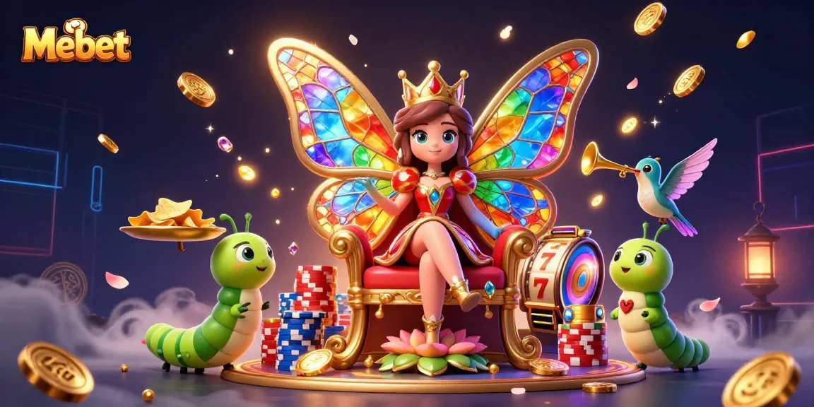Mebet slots showcase vibrant scenes with a butterfly queen, chips, and jackpot reels.