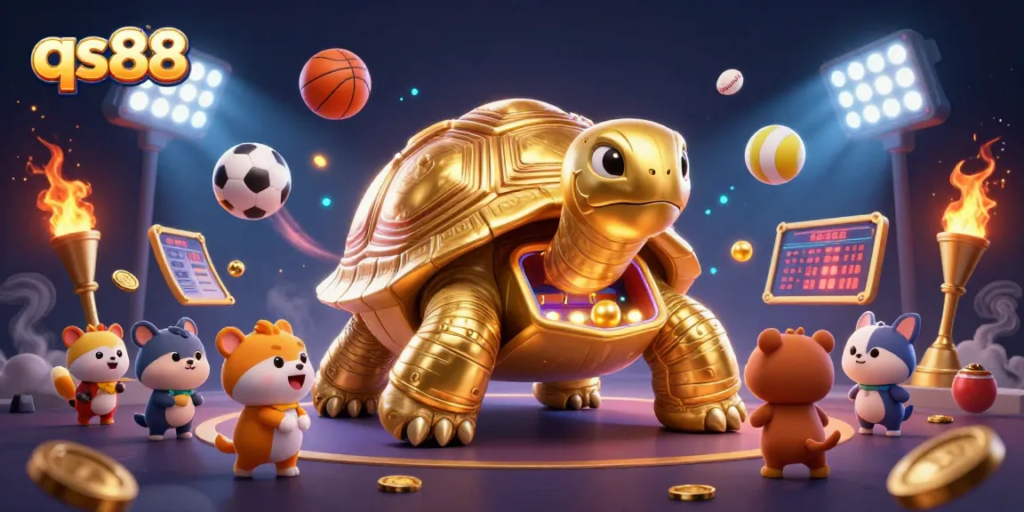 Engage with the dynamic qs88 casino experience featuring a playful golden tortoise pinball, sports balls, and vibrant visuals.