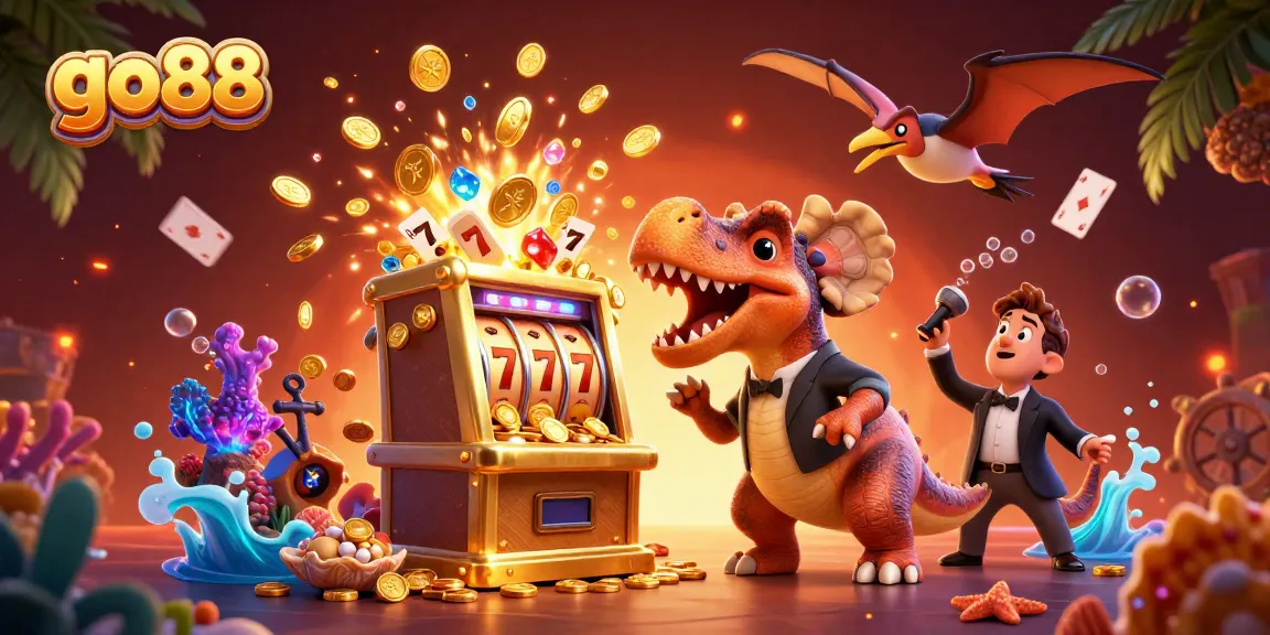 go88 players winning jackpots while a pachycephalosaurus interacts with a slot machine in a vibrant casino scene