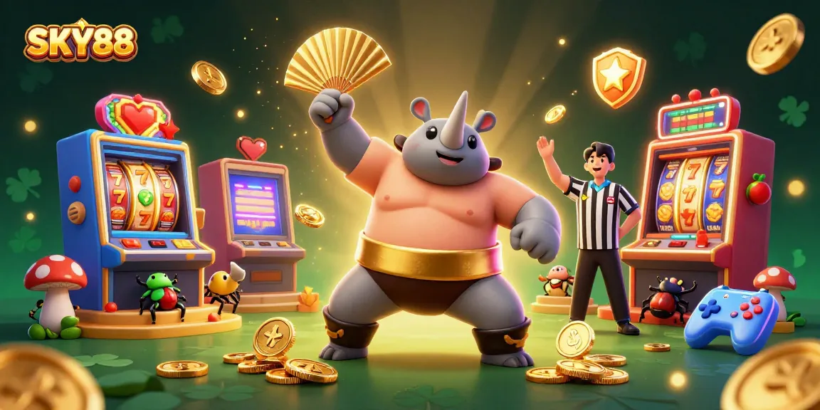 Experience thrilling gaming action with SKY88's vibrant 3D casino illustration featuring dynamic slot machines and vibrant characters.