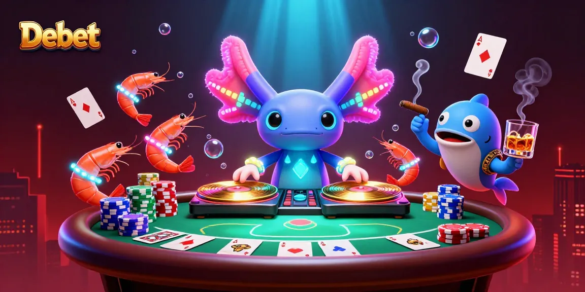 Debet's dynamic underwater casino scene with an axolotl DJ and poker elements illustrating excitement.