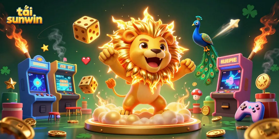 Experience the thrill of tải sunwin with a dynamic scene featuring a roaring lion, golden dice, and colorful game elements.
