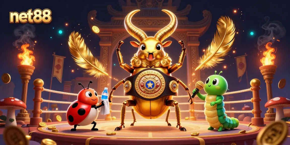 Experience thrilling net88 action with a giant beetle boxing champion in a vibrant casino scene.