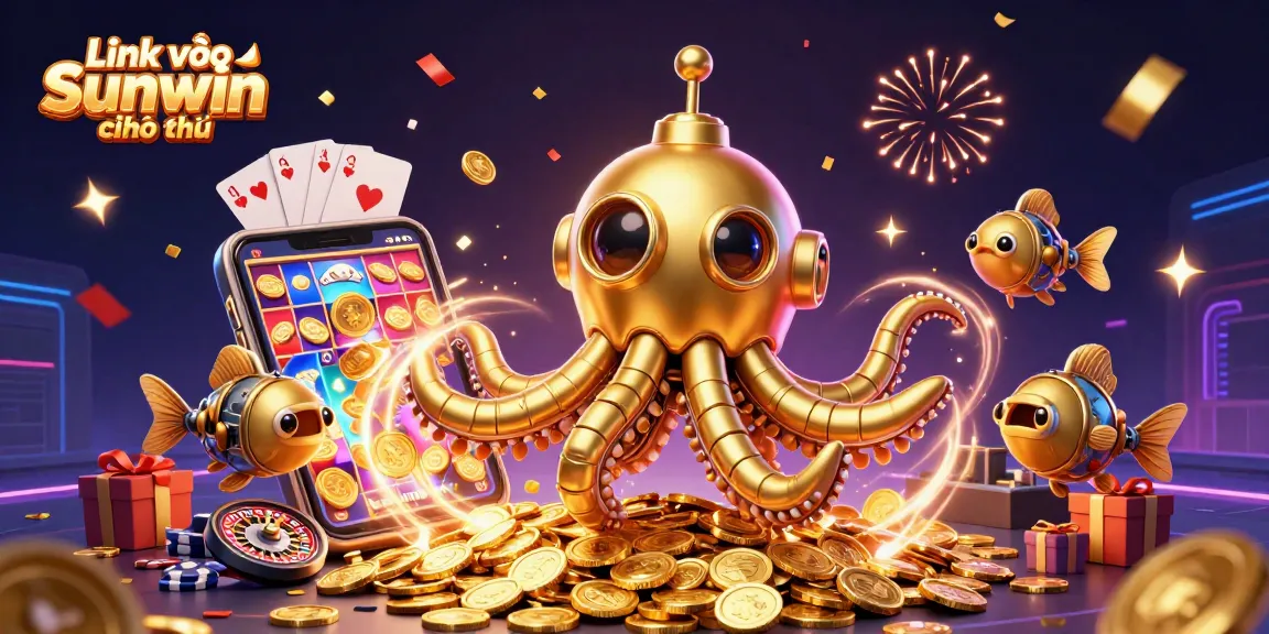 Immerse in the vibrant gaming scene of Link vào Sunwin chính thức with golden kraken submarine, dynamic slot games, and festive confetti.
