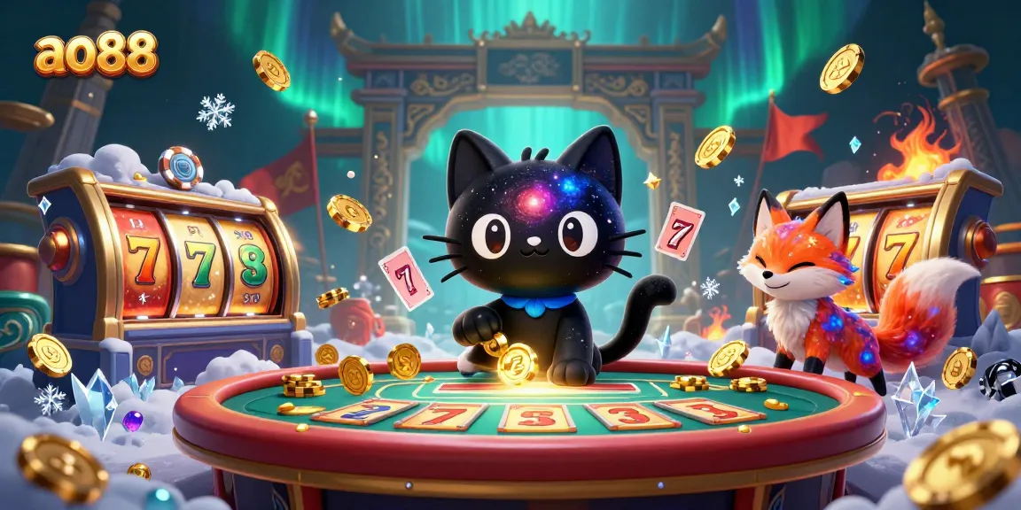 Engage with ao88's cosmic casino adventures, featuring a black hole cat and nebula fox amidst swirling slot machines and gold coins.