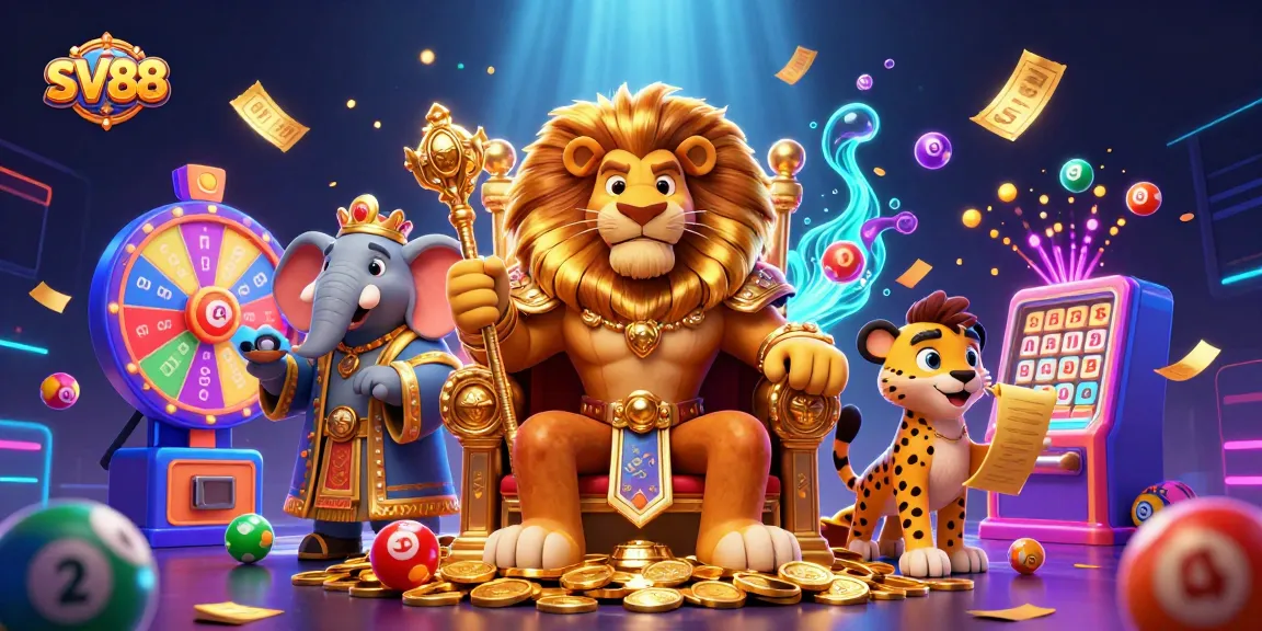 Engage with SV88's vibrant lottery scene featuring a lion king, elephant advisor, and cheetah messenger.