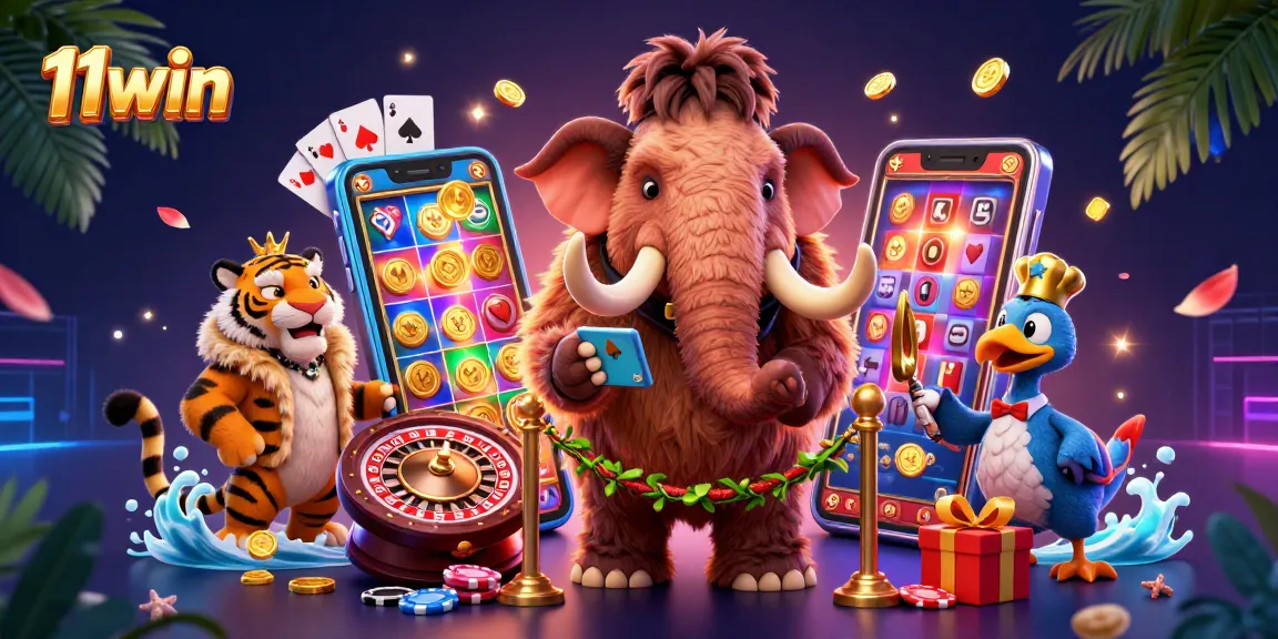 11win casino bouncer checks IDs with saber-tooth guest while vibrant slot games explode in colorful energy.