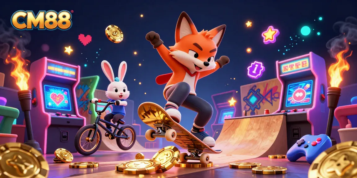 Experience the thrill of CM88 with a 3D cartoon scene showcasing exciting gaming elements and colorful characters.