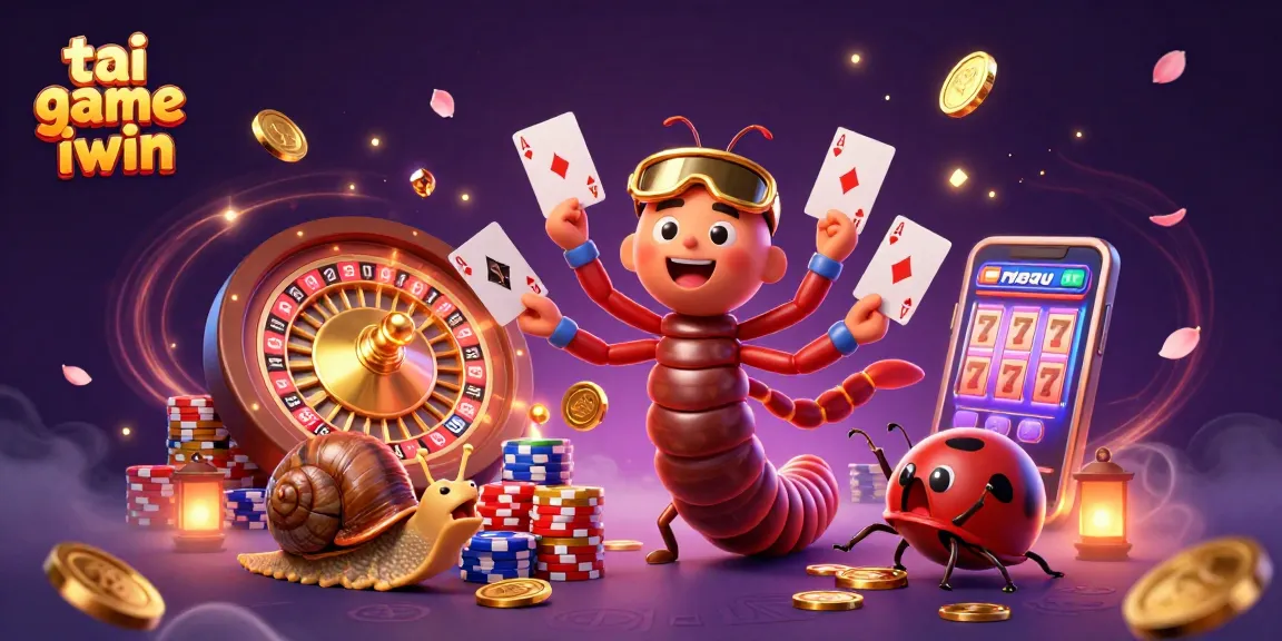 Tai game iwin illustration showcases a vibrant casino scene with a millipede dealer and sparkling chips.