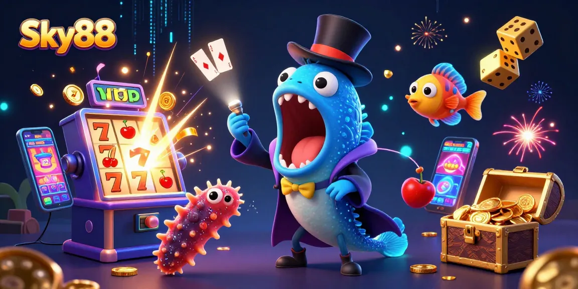 Experience Sky88's thrilling casino magic with dynamic characters and a jackpot explosion scene.