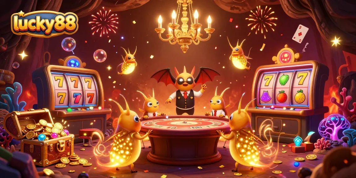 Experience exciting gameplay with lucky88 in a vibrant cave casino, illuminated by glowworms and showcasing slot elements.