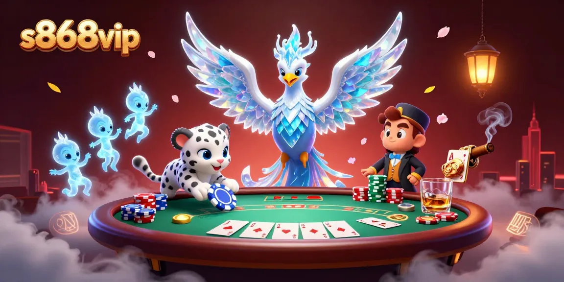 s868vip invites players to enjoy a vibrant casino scene with sparkling poker details and ice-themed characters.