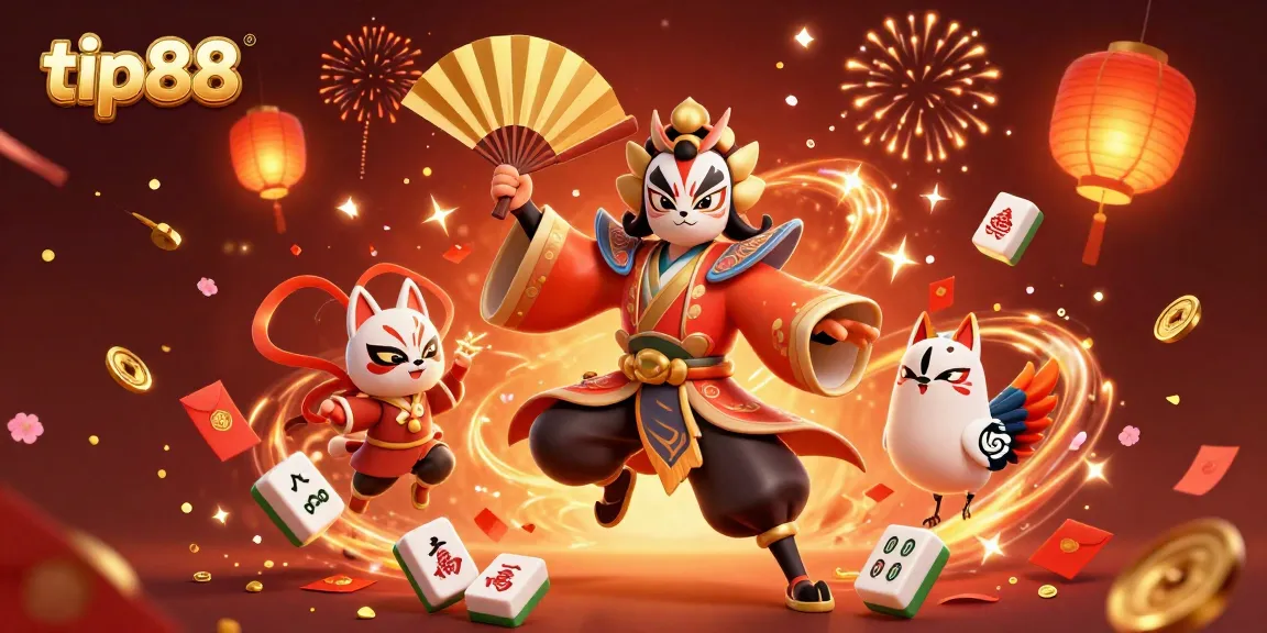 Engage with tip88's vibrant 3D illustration featuring kabuki warriors with golden fan weapons.