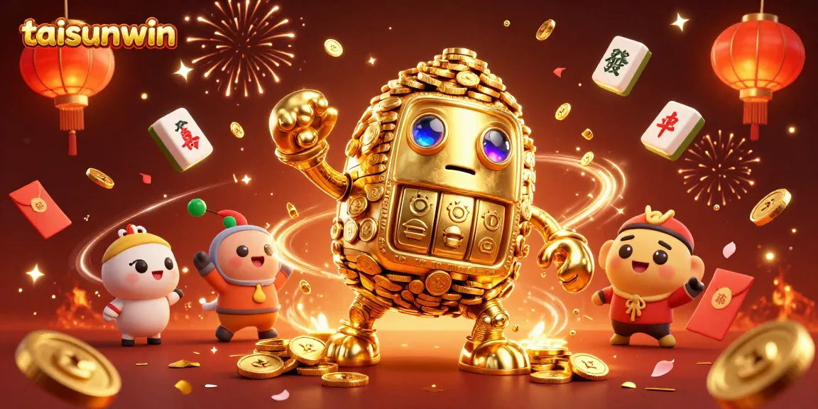 Engage in thrilling games with taisunwin, featuring a golden golem and festive casino symbols.