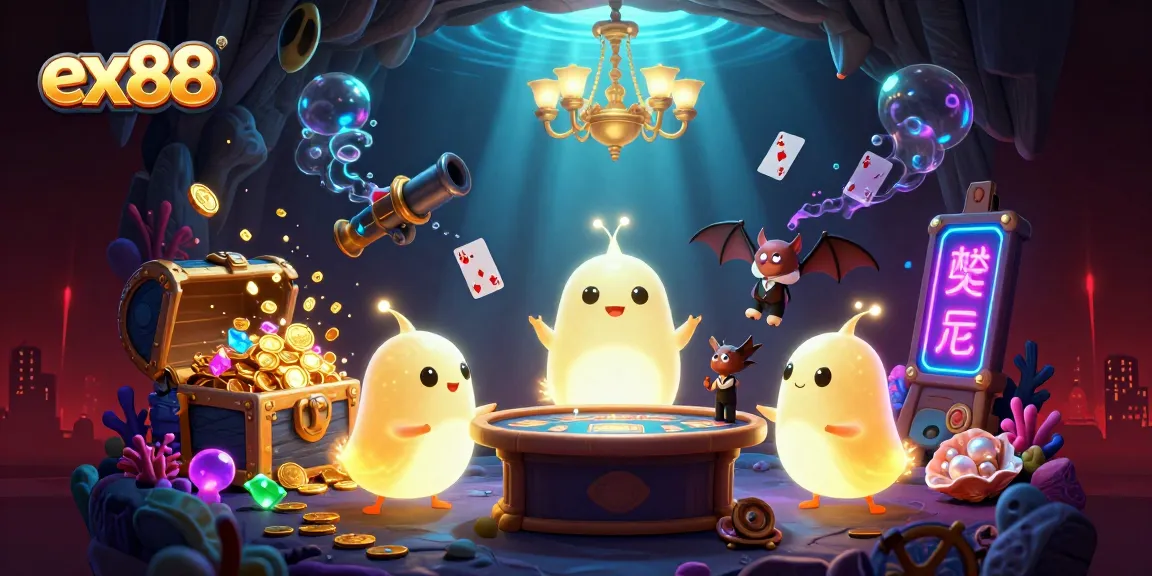 Play dynamic games and win with ex88 in a vibrant 3D cartoon casino scene filled with treasures.