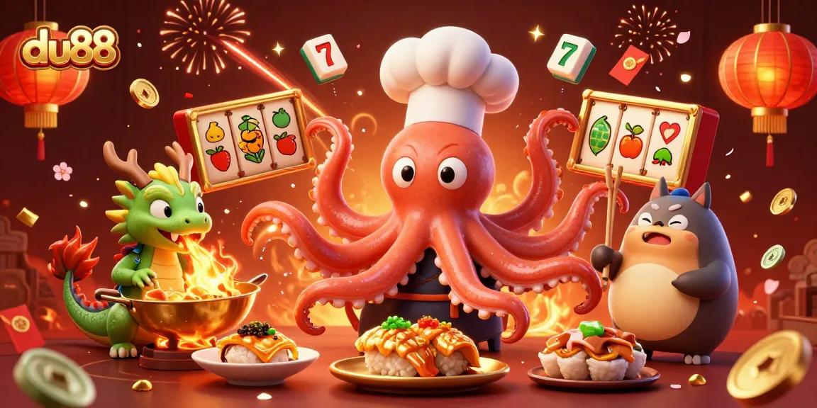 Engage with du88 as the sushi chef octopus serves winning dishes in this vibrant casino illustration.