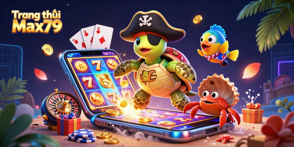 Experience the vibrant adventure of Trang chủ Max79 with a cartoon pirate turtle and an exciting treasure scene.