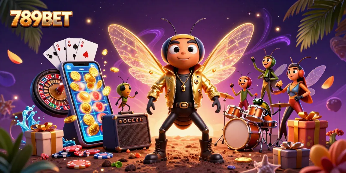 Engage with 789BET's vibrant casino experience featuring a rock star cicada and dynamic gaming action.