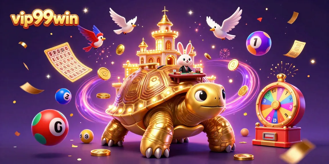 Join the excitement at vip99win while a golden tortoise showcases a vibrant casino scene with dynamic lottery and prize elements.
