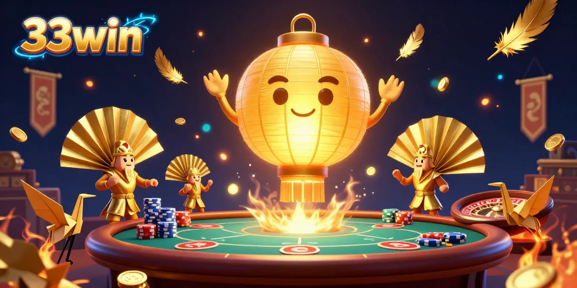 Experience the vibrant energy of 33win with golden lantern spirits and casino games in an epic 3D scene.