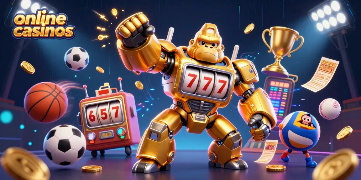 Experience the excitement of online casinos with a 3D golden gorilla mech in action.