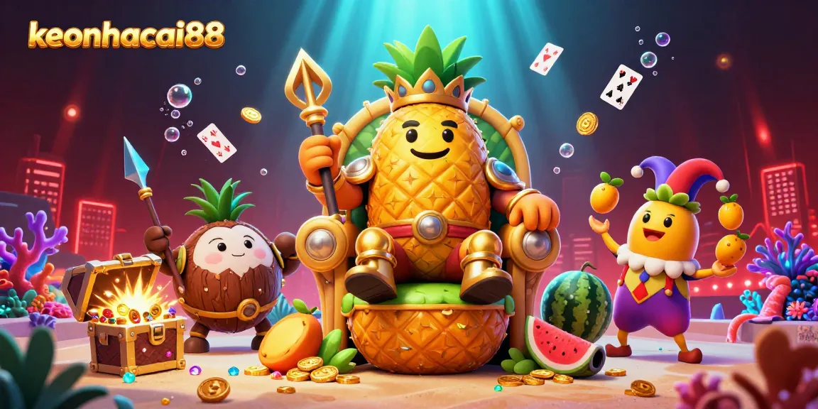 Engage with the vibrant beach casino scene showcasing the keonhacai88 golden pineapple king, surrounded by dynamic gaming elements.