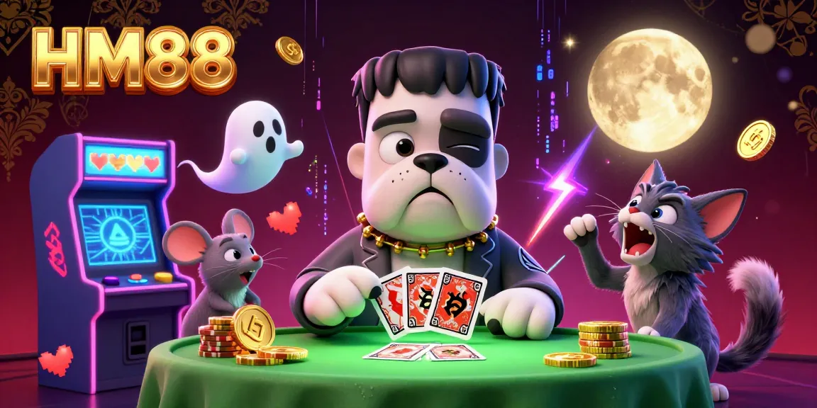 Experience thrilling card deals at HM88 with a spooky casino scene featuring a Frankenstein bulldog and ghost mouse.