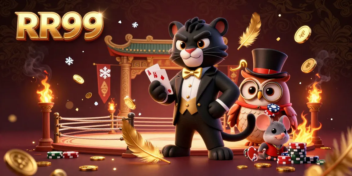 Experience the thrill of RR99 as the sophisticated panther deals cards surrounded by vibrant gaming elements.