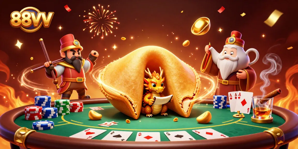 Experience the thrill of 88VV casino with a dynamic 3D scene featuring fortune elements and poker excitement.